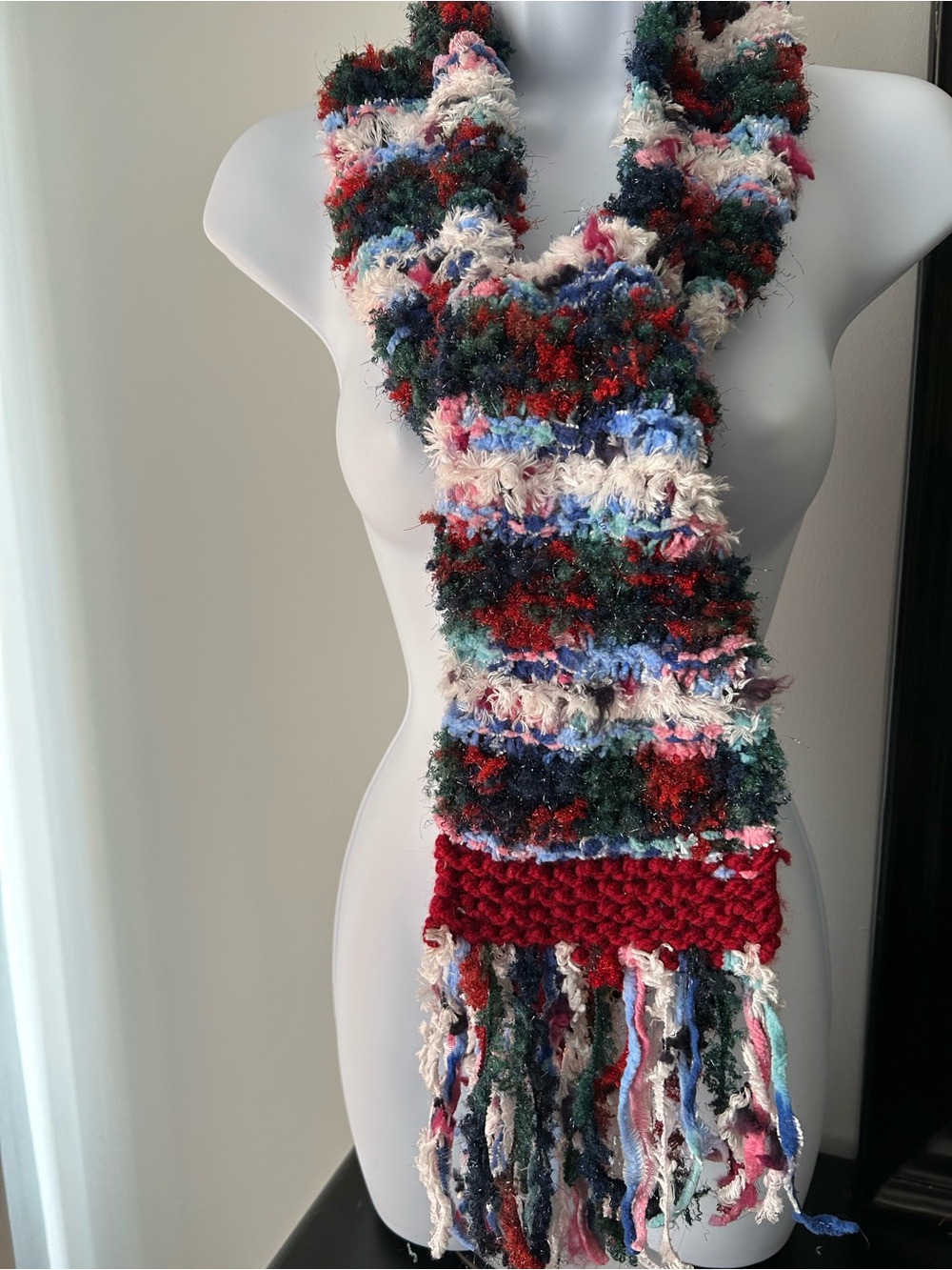 Handmade Multicolor Fringe Knit Scarf - Cozy Winter Wrap